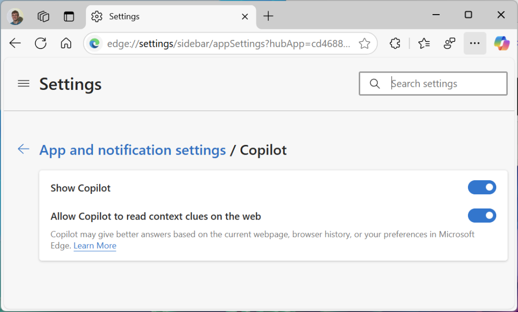 Copilot settings in Edge