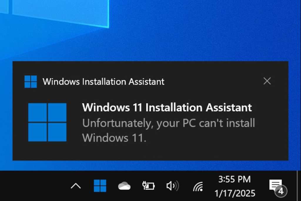 Unfortunately your PC cant install Windows 10 notification screenshot