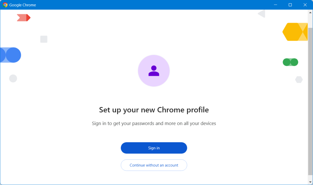 set up a new chrome profile screen