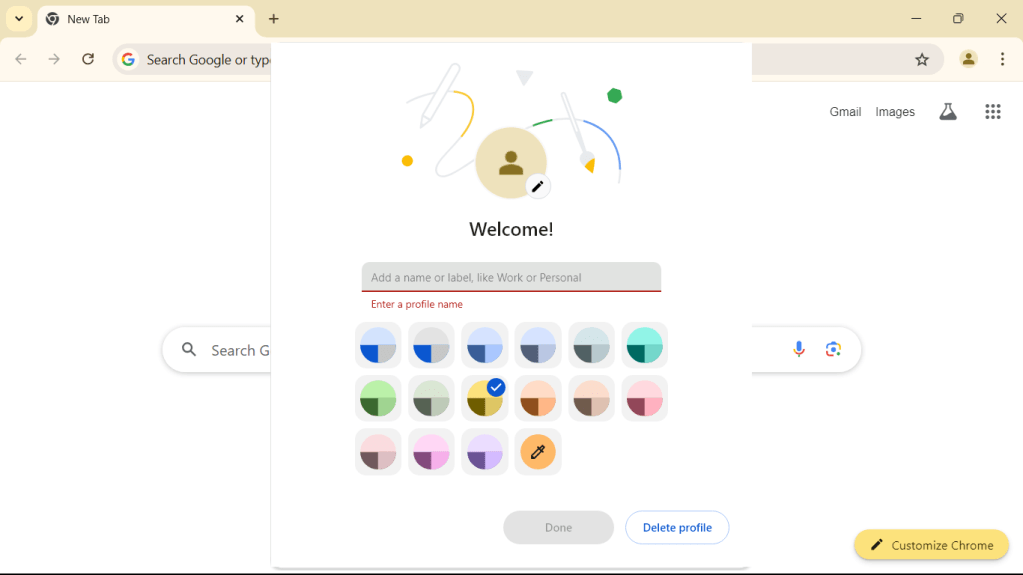 naming and choosing color scheme for new profile in chrome