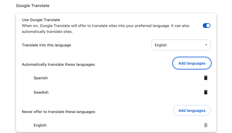 setting translation preferences in chrome