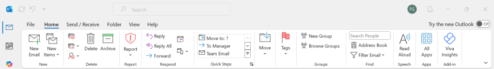 classic ribbon toolbar in microsoft outlook