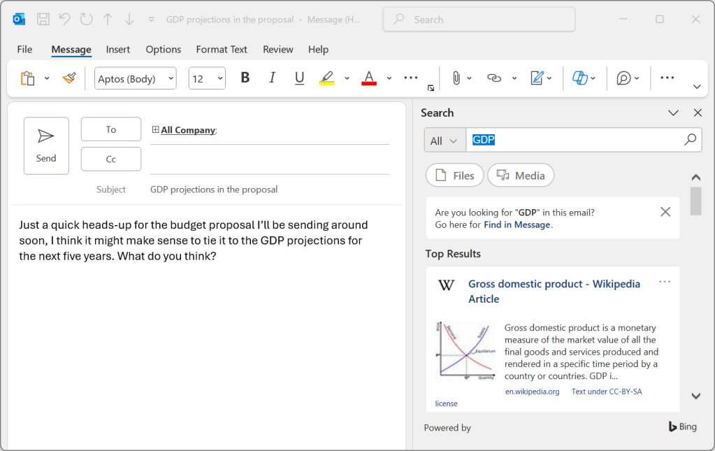 searching the web from within outlook