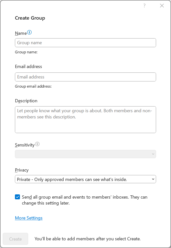 creando un nuevo grupo m365 en Outlook