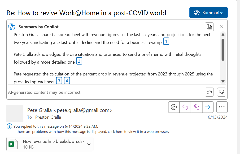 resumen copiloto de un hilo de correo electrónico en Outlook