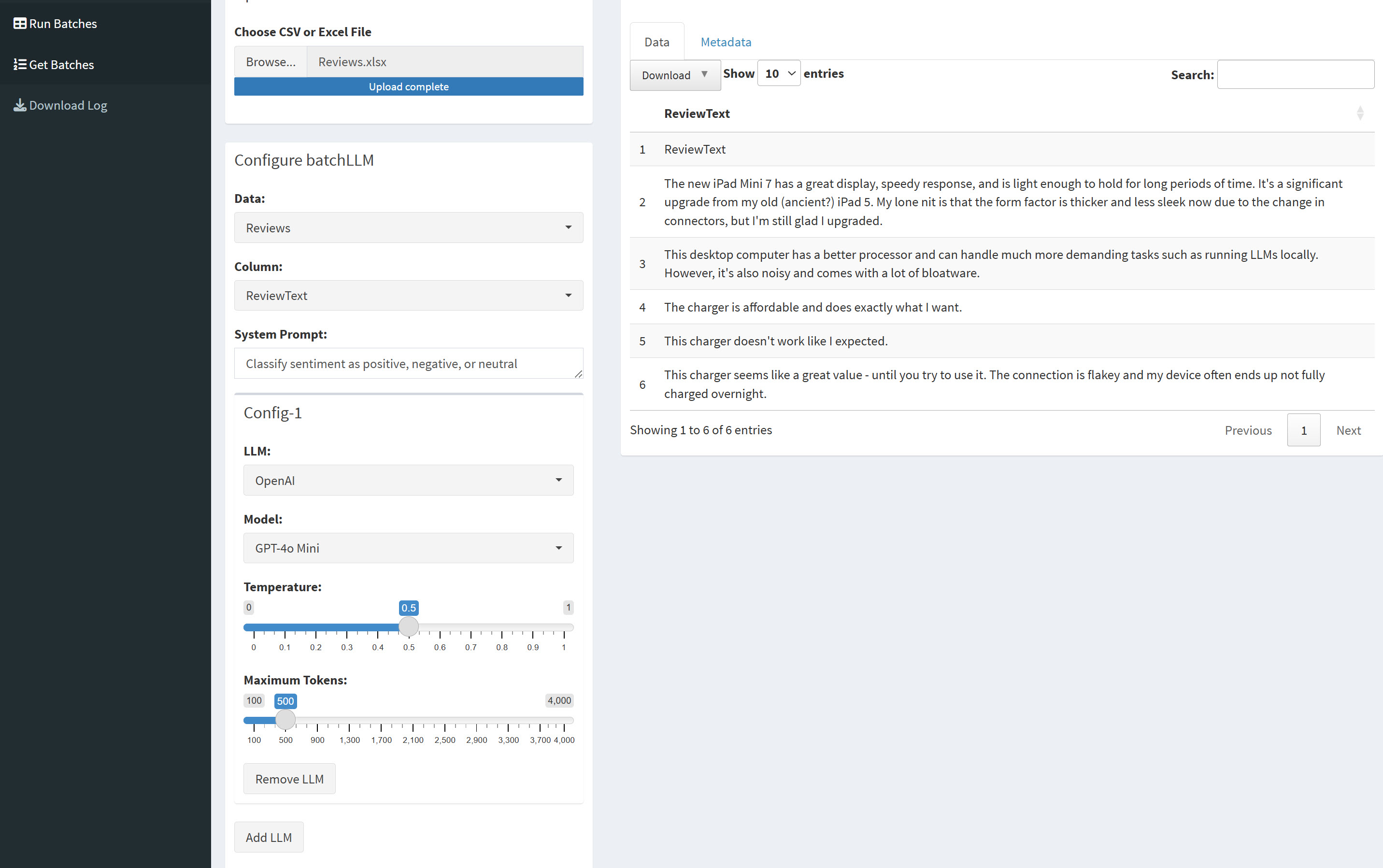 batchLLM’s Shiny app offers a handy graphical user interface for running LLM queries and commands on a column of data.