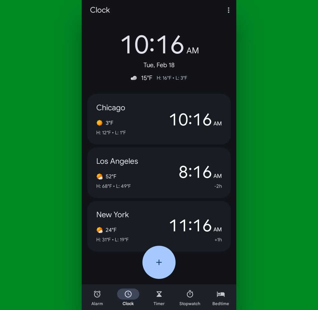 Google Pixel Clock app: Multiple time zones