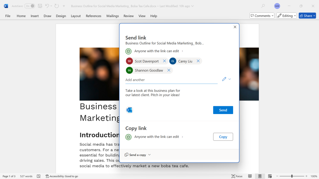 microsoft word 2024 send link pane for sharing a document