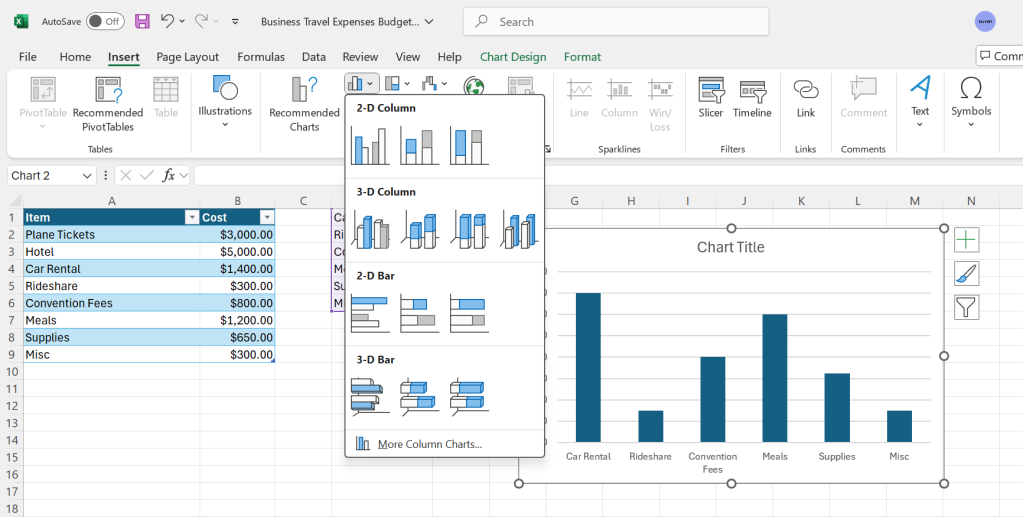 dynamic chart being created in excel 2024