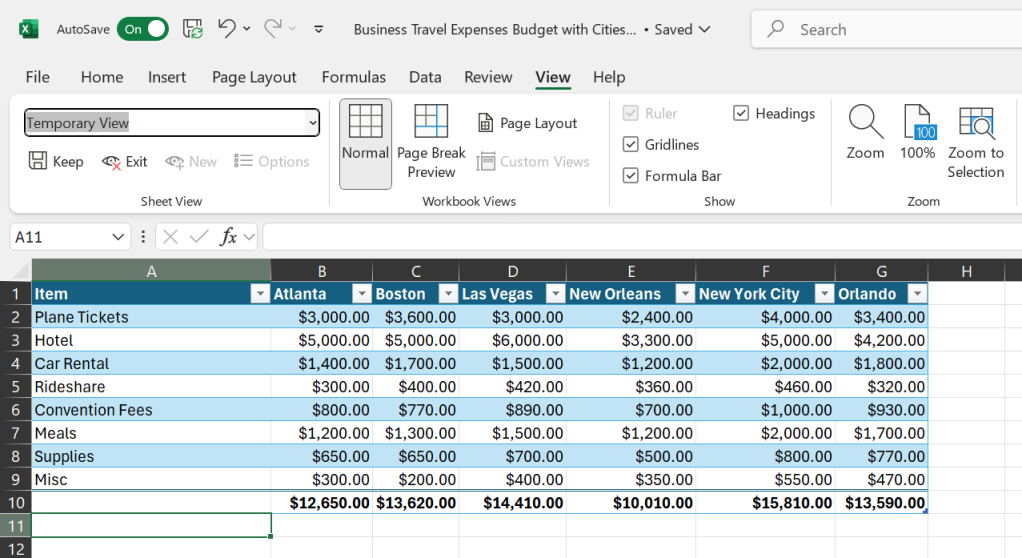 a new sheet view in an excel 2024 spreadsheet