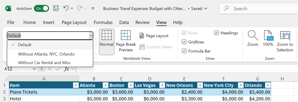 switching to a different sheet view in excel 2024