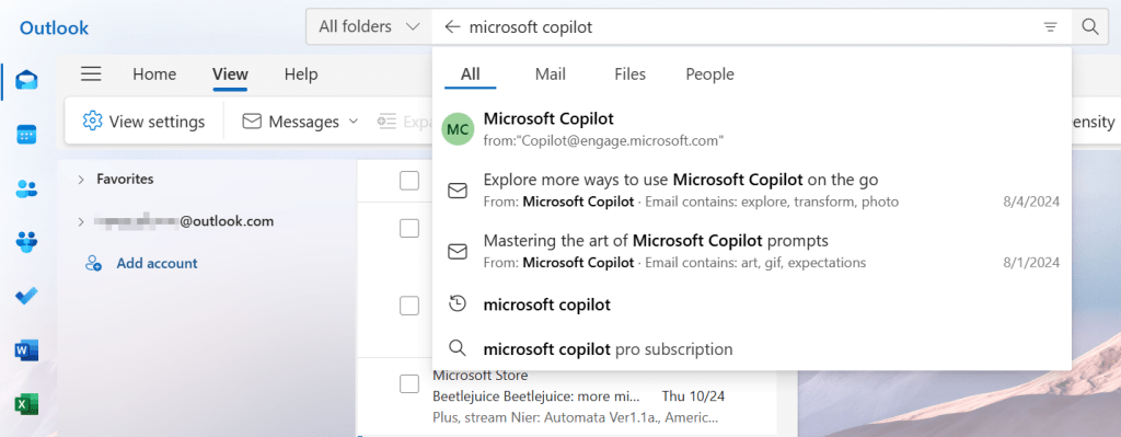 searching for emails with microsoft copilot in the outlook 2024 search bar