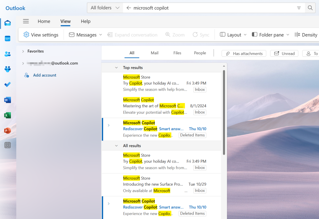 search results for microsoft copilot search in main outlook 2024 window