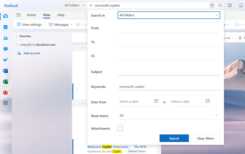 advanced search filters in outlook 2024