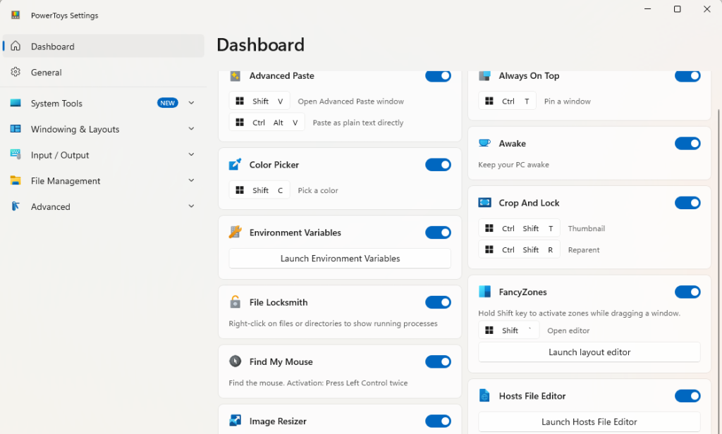 powertoys settings dashboard