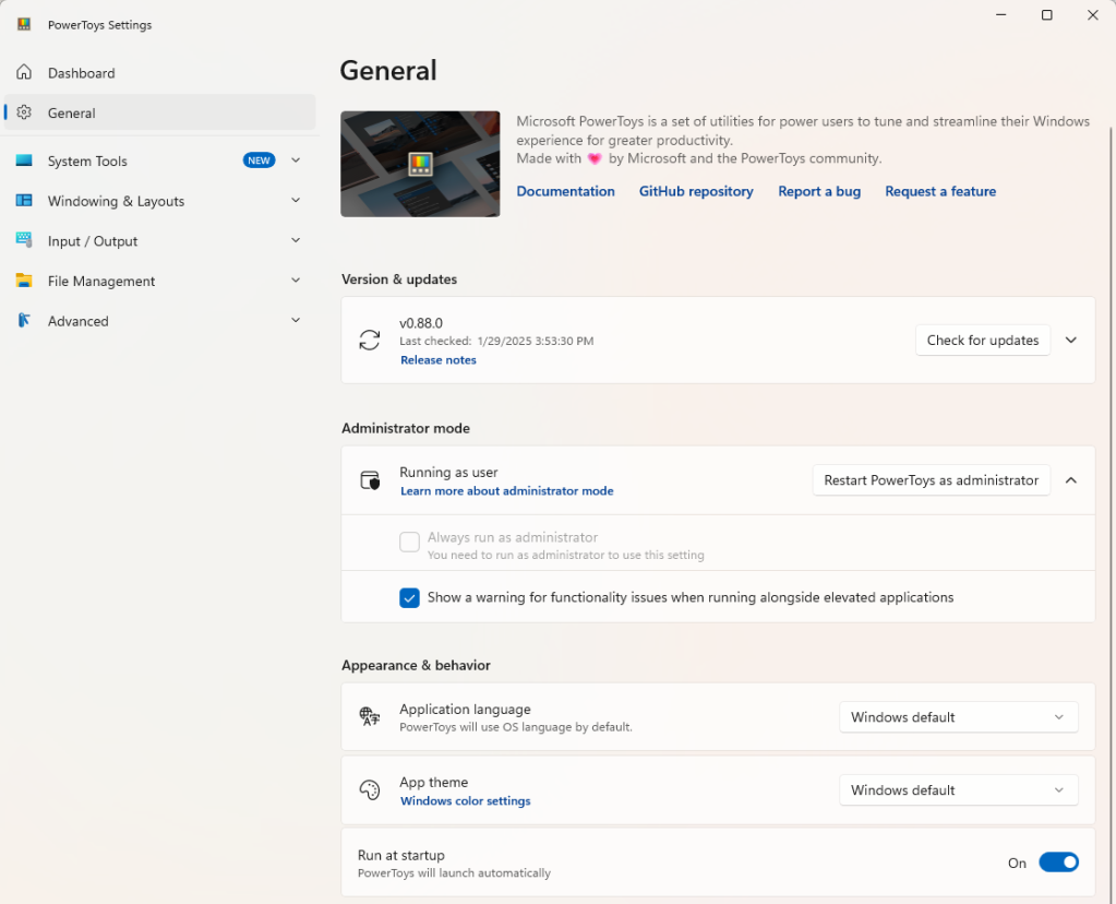 powertoys general settings pane