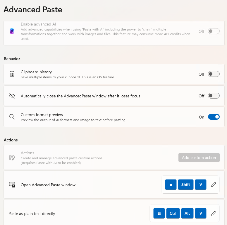 settings pane for advanced paste powertoy