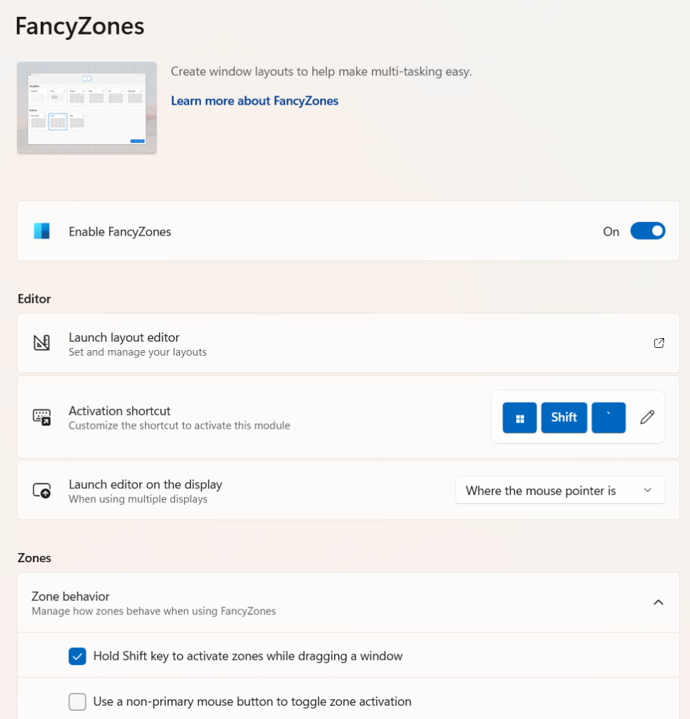 settings for fancyzones powertoy