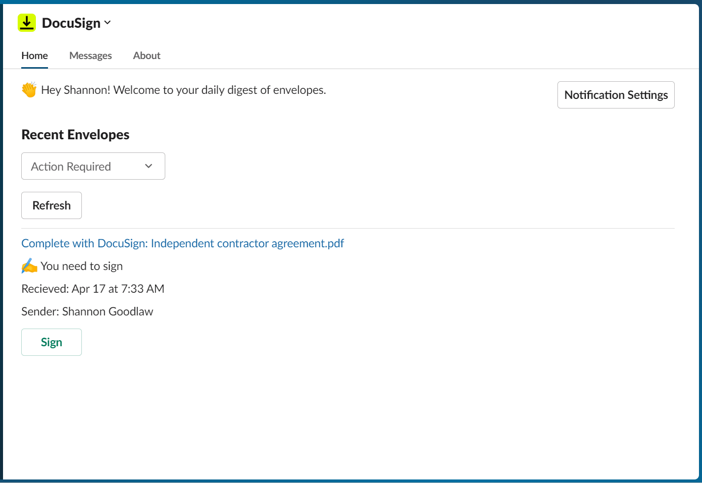 notification to sign document in docusign slack app