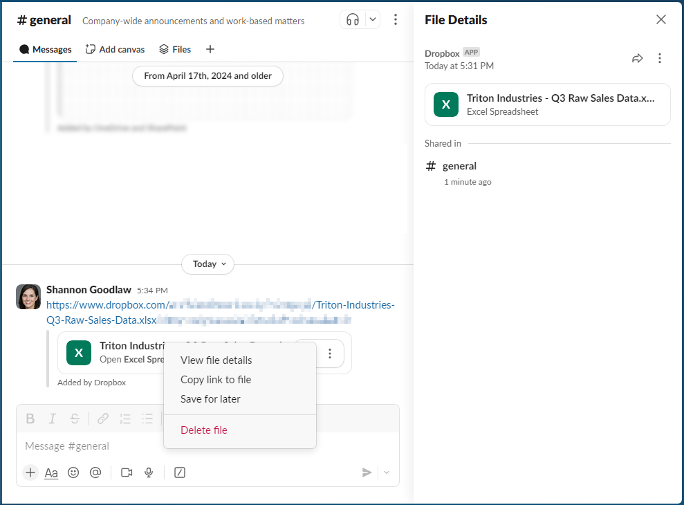 a dropbox file shared in a slack channel