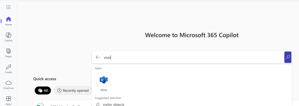 searching for visio on microsoft 365 home page