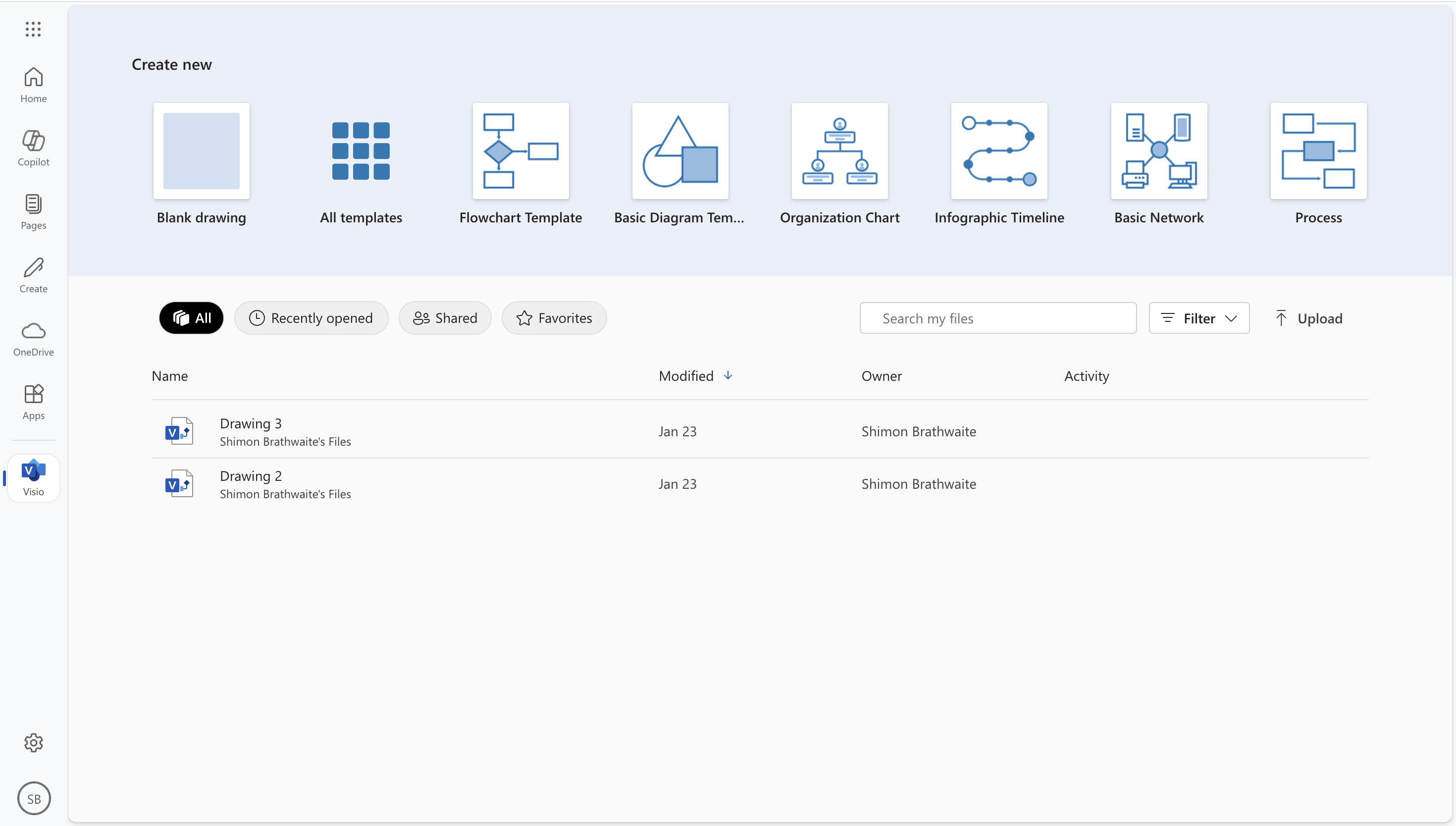 visio home page with template options