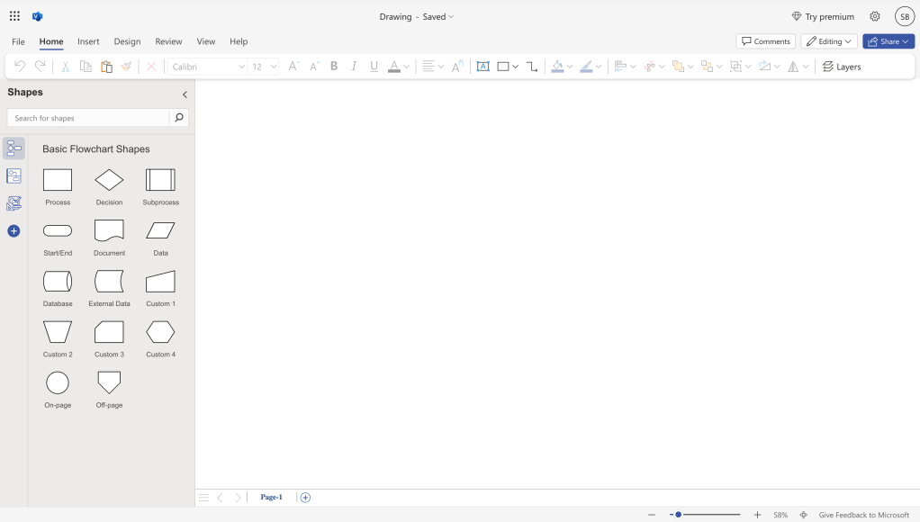 flowchart panel and blank canvas in visio