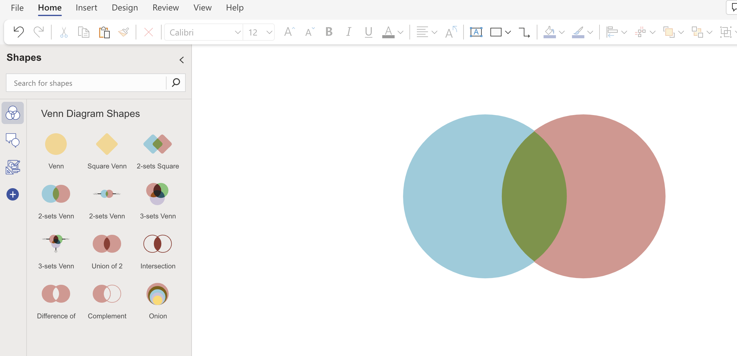 visio venn diagram panel with diagram shape on canvas