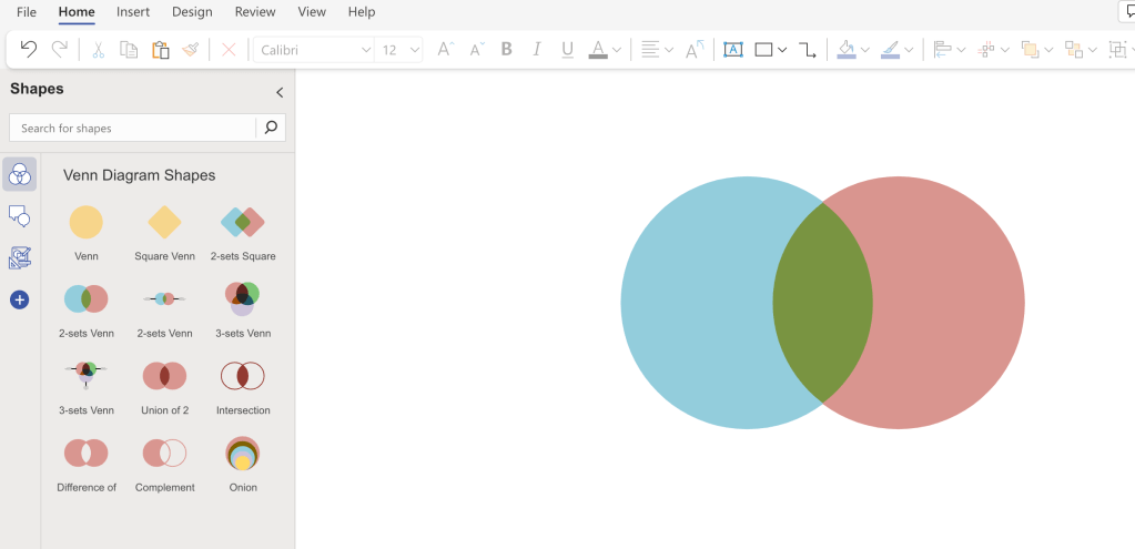 visio venn diagram panel with diagram shape on canvas