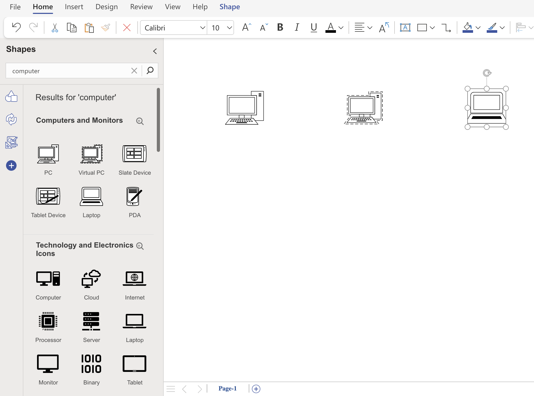 searching for computer icons in visio shapes panel