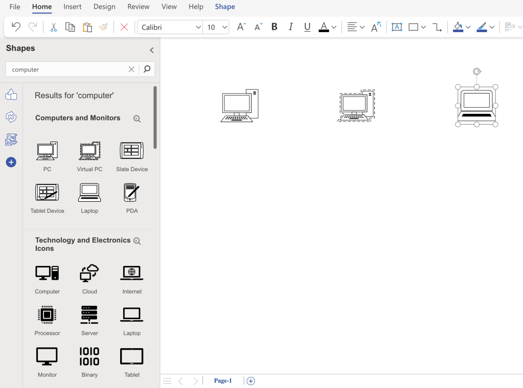 searching for computer icons in visio shapes panel