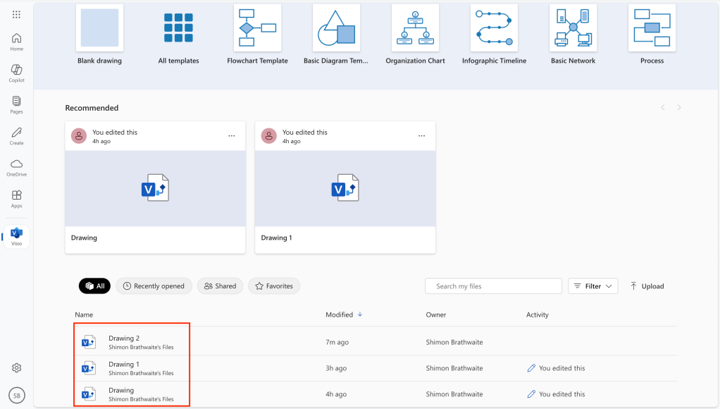 visio home page with files listed