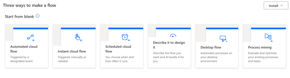 list of options for starting new flow in power automate