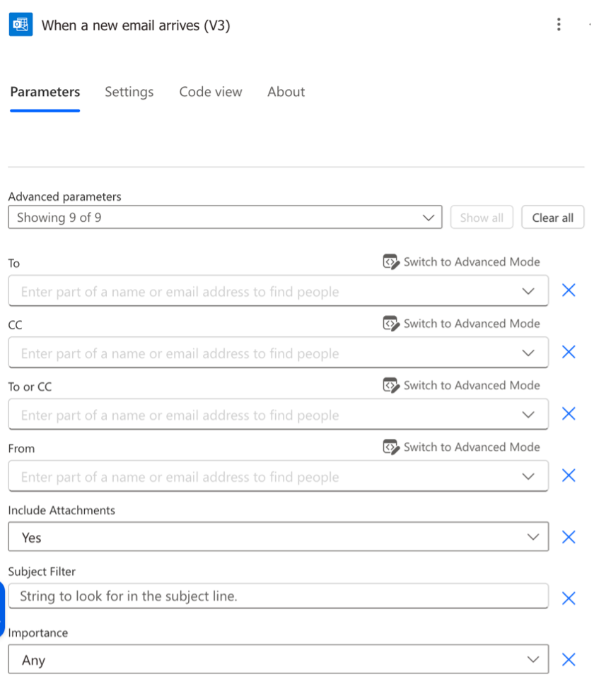 list of advanced parameters for when a new email arrives trigger to start flow in power automate