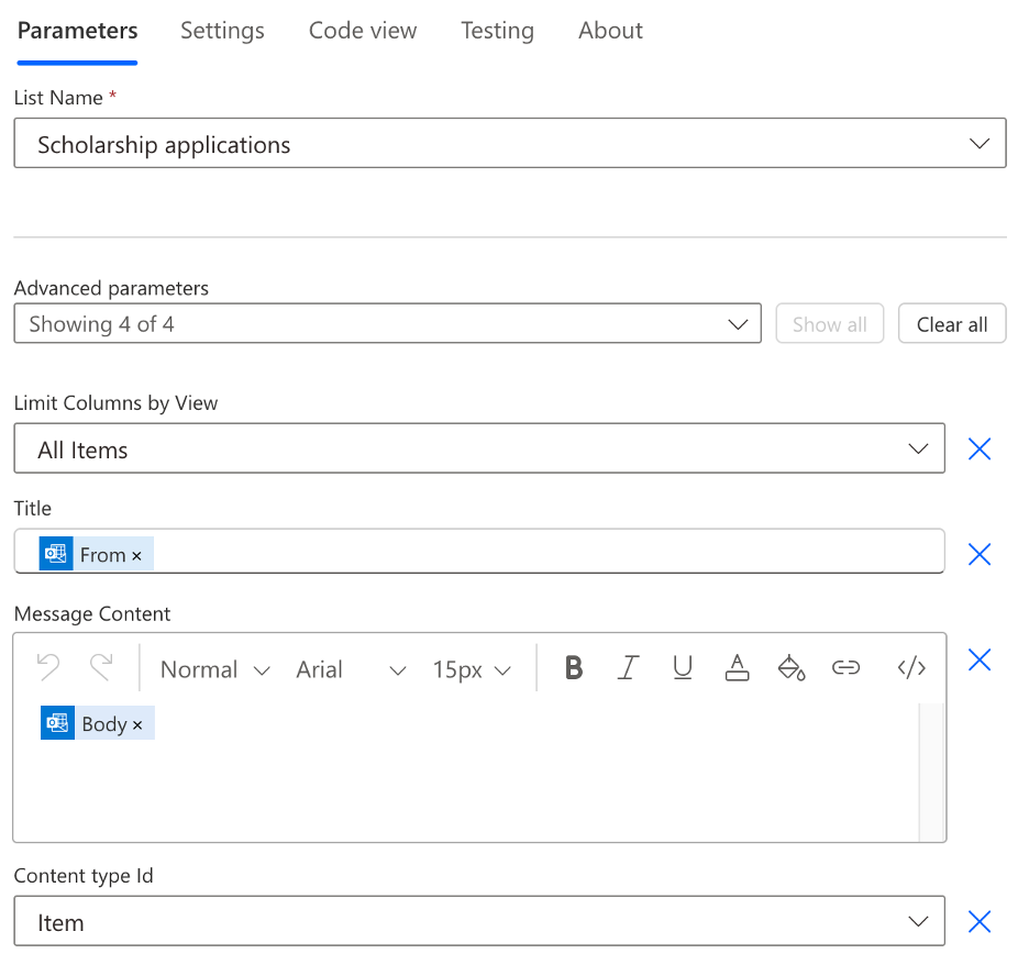 filling in advanced parameters for create item action in power automate flow