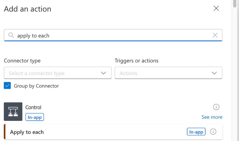 power automate add an action screen showing apply to each control