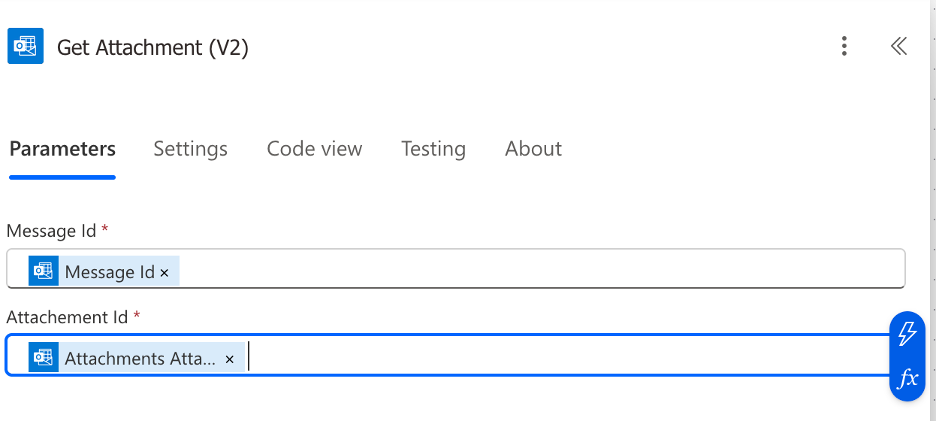 parameters for get attachment action in power automate