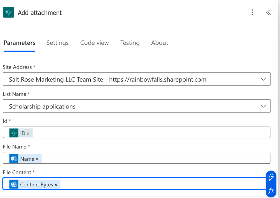 filling in parameters for add attachment action in power automate