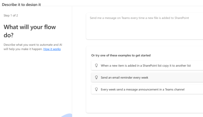 screen where you can describe the flow you want copilot ai to create