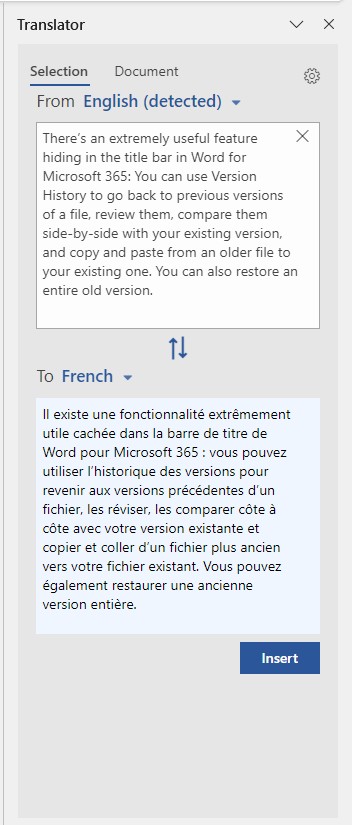 microsoft word translator pane showing english to french translation