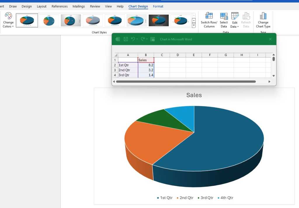 inserting a chart in word with excel window for editing data