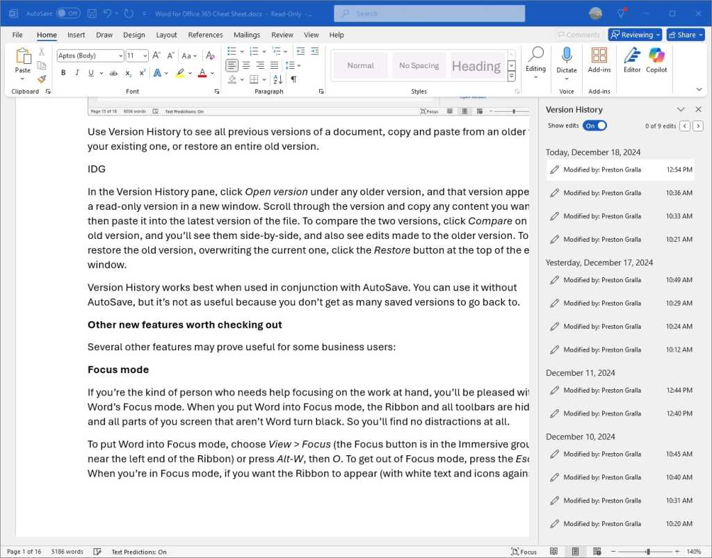 version history list of recent saves in microsoft word