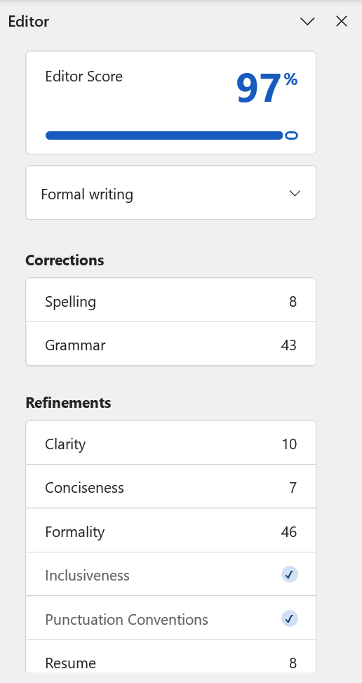 editor pane in microsoft word showing score corrections and refinements