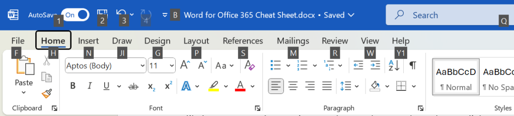 microsoft word home ribbon with alt key shortcut tool tips visible