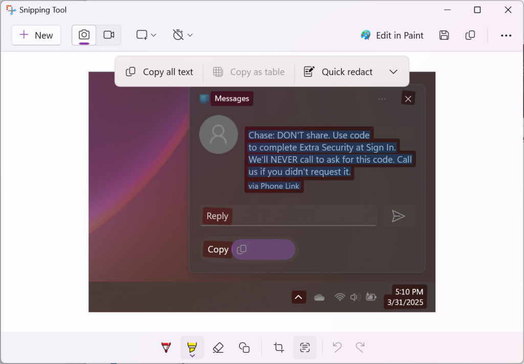 OCR successful snipping tool