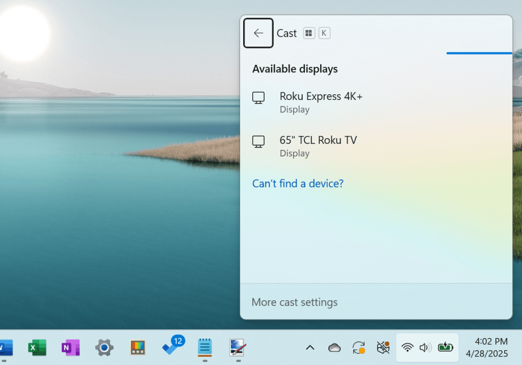 Windows casting dialog