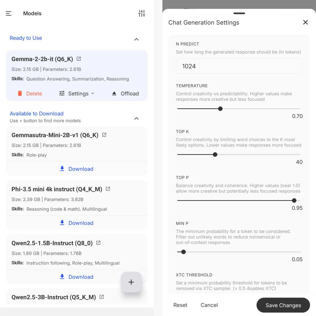 pocketpal app models and settings connected android