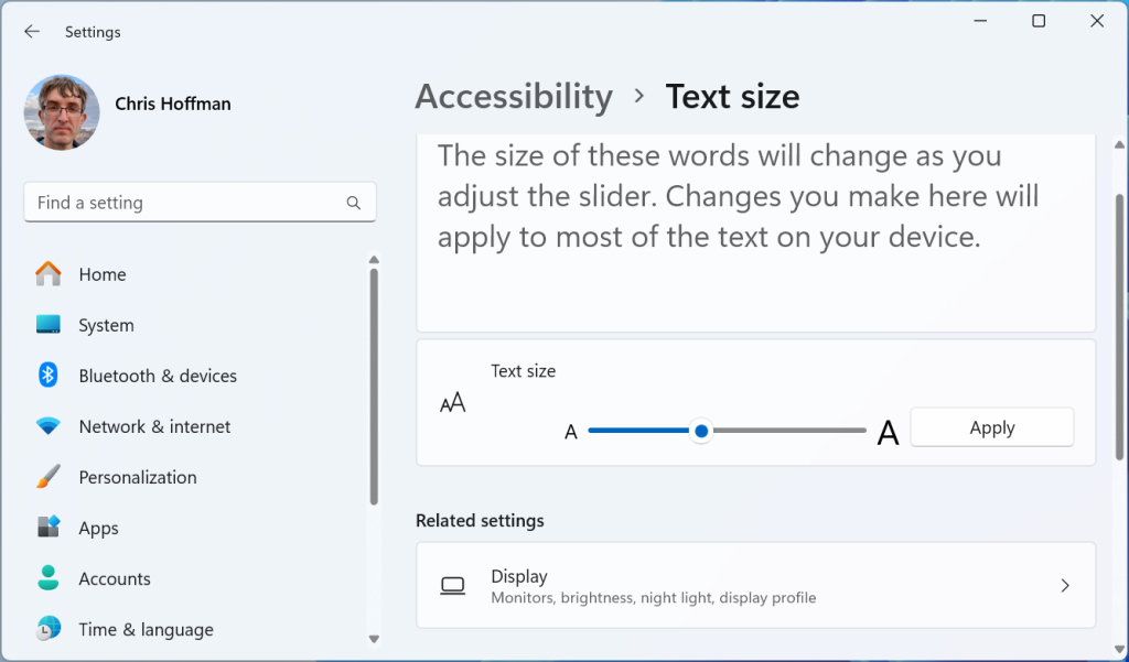 Windows text size settings
