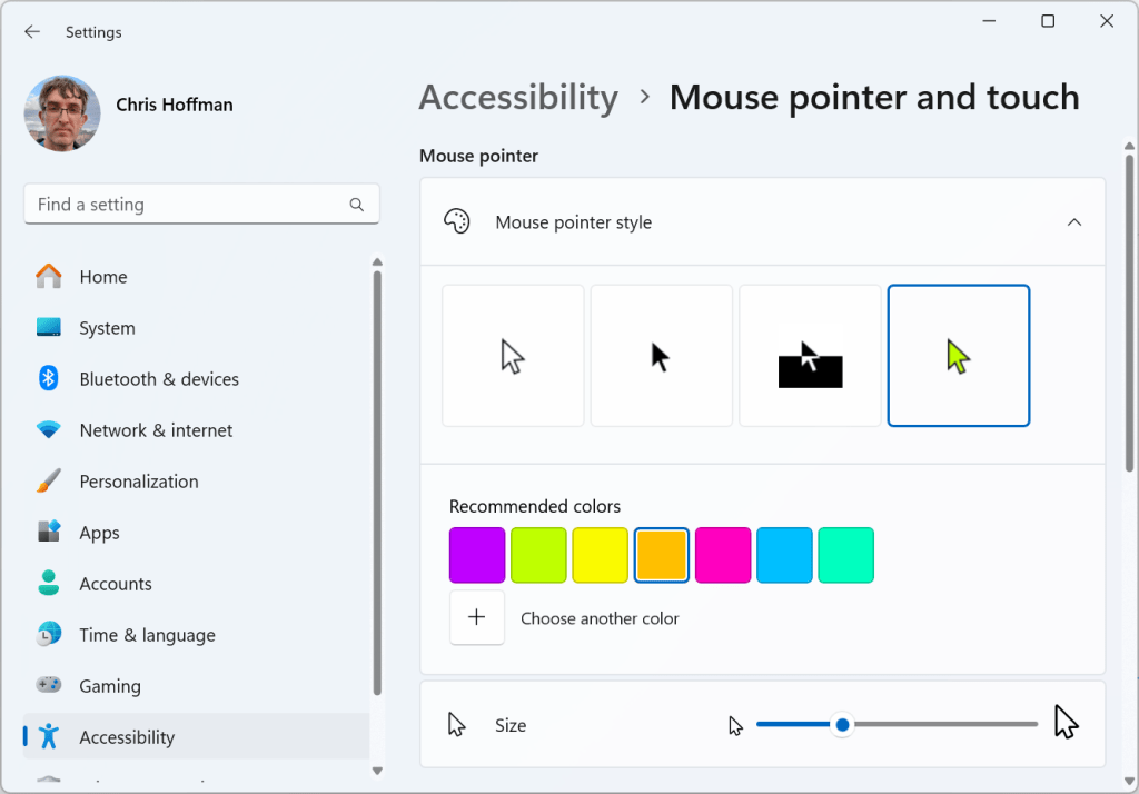 Windows mouse pointer settings